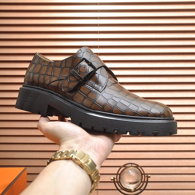 HM MONK STRAP CARAMEL WITH CROCODILE MOTIF CALFSKIN