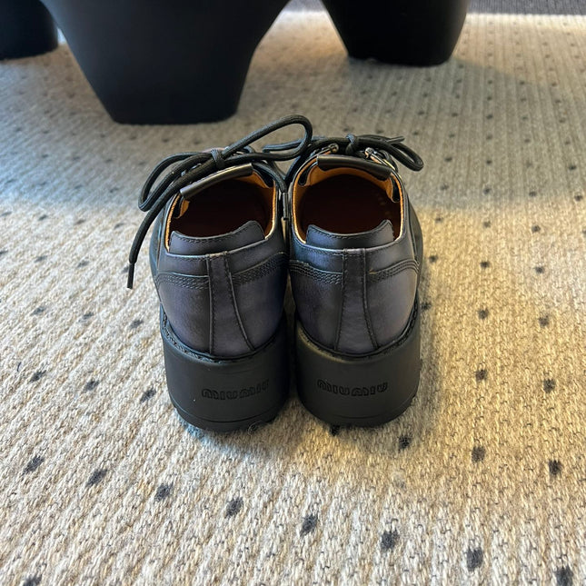 MIUMIU 26S LACED FUME SHOES IN BLACK CALFSKIN