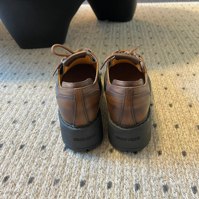 MIUMIU 26S LACED FUME SHOES IN SIENNA BROWN CALFSKIN