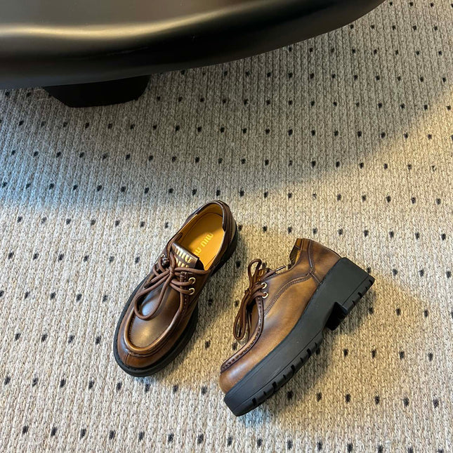 MIUMIU 26S LACED FUME SHOES IN SIENNA BROWN CALFSKIN