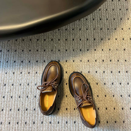 MIUMIU 26S LACED FUME SHOES IN SIENNA BROWN CALFSKIN