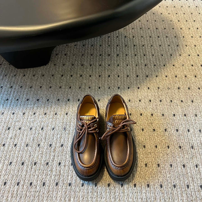 MIUMIU 26S LACED FUME SHOES IN SIENNA BROWN CALFSKIN