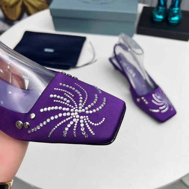 PRADA 26S SLINGBACK PUMPS 40MM IN PURPLE SATIN CRYSTAL EMBELLISHED