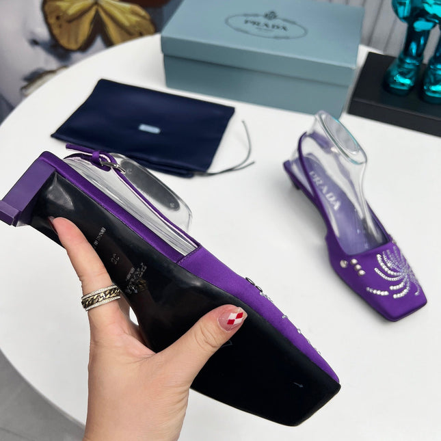 PRADA 26S SLINGBACK PUMPS 40MM IN PURPLE SATIN CRYSTAL EMBELLISHED