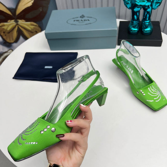 PRADA 26S SLINGBACK PUMPS 40MM IN APPLE GREEN SATIN CRYSTAL EMBELLISHED