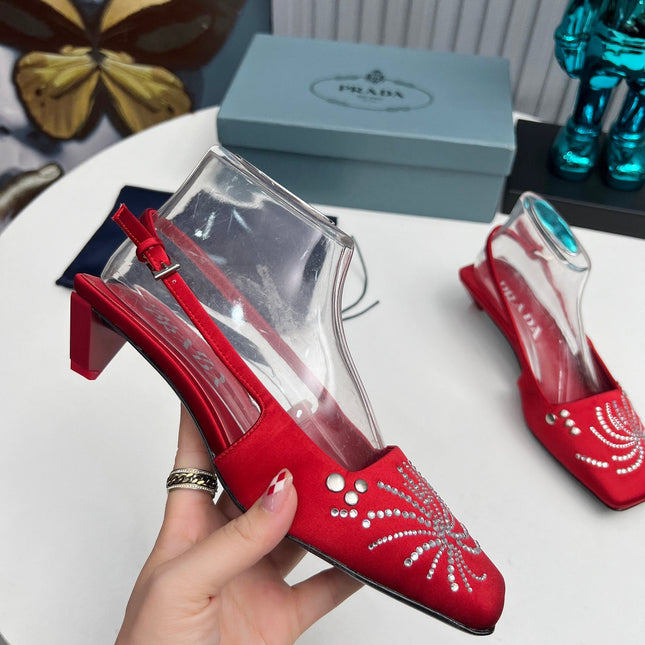 PRADA 26S SLINGBACK PUMPS 40MM IN DARK RED SATIN CRYSTAL EMBELLISHED