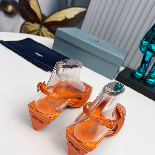 PRADA 26S SLINGBACK PUMPS 40MM IN ORANGE SATIN CRYSTAL EMBELLISHED