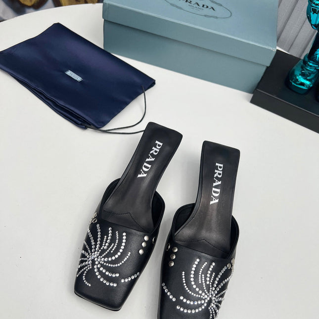 PRADA 26S MULE 40MM IN BLACK CALFSKIN CRYSTAL EMBELLISHED