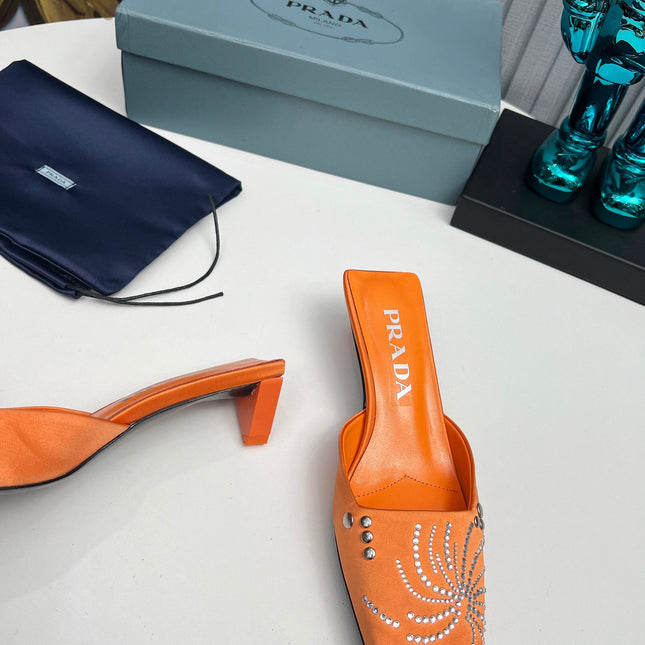 PRADA 26S MULE 40MM IN ORANGE SATIN CRYSTAL EMBELLISHED
