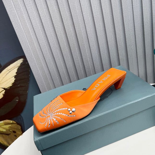 PRADA 26S MULE 40MM IN ORANGE SATIN CRYSTAL EMBELLISHED