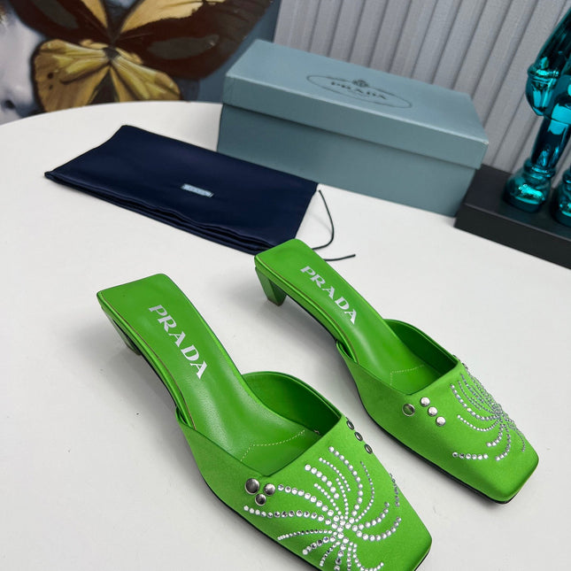 PRADA 26S MULE 40MM IN APPLE GREEN SATIN CRYSTAL EMBELLISHED