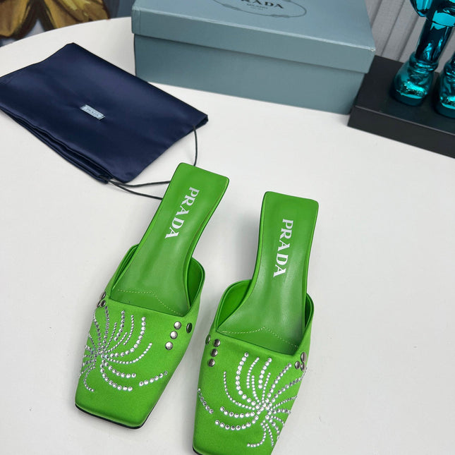 PRADA 26S MULE 40MM IN APPLE GREEN SATIN CRYSTAL EMBELLISHED