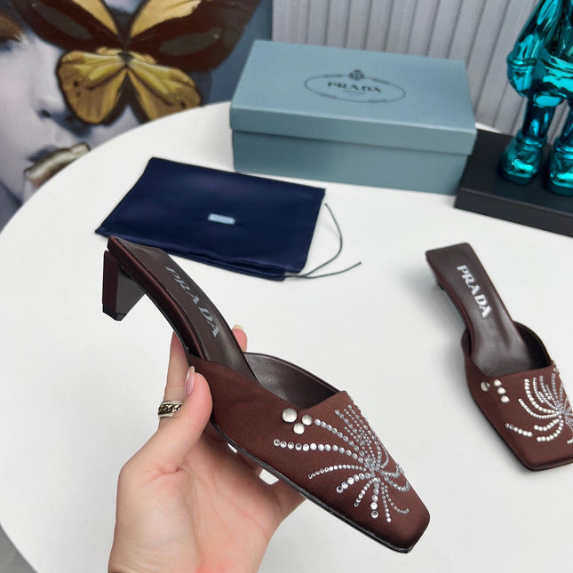 PRADA 26S MULE 40MM IN DARK BROWN SATIN CRYSTAL EMBELLISHED