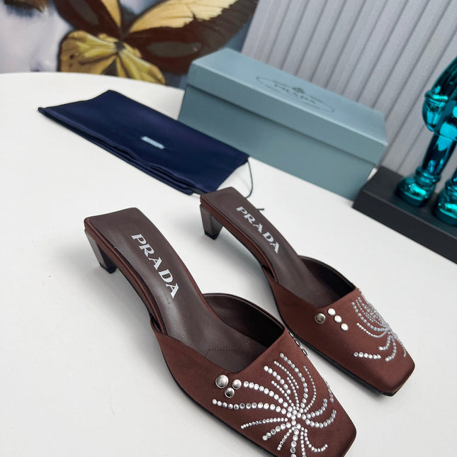 PRADA 26S MULE 40MM IN DARK BROWN SATIN CRYSTAL EMBELLISHED