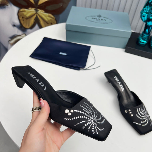 PRADA 26S MULE 40MM IN BLACK SATIN CRYSTAL EMBELLISHED