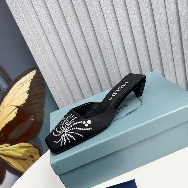 PRADA 26S MULE 40MM IN BLACK SATIN CRYSTAL EMBELLISHED