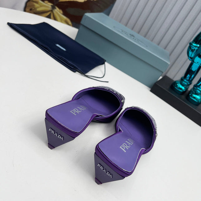 PRADA 26S MULE 40MM IN PURPLE SATIN CRYSTAL EMBELLISHED