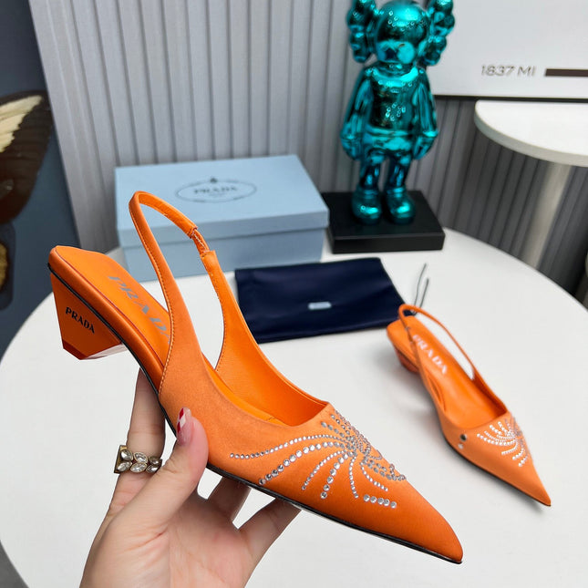 PRADA 26S POINTED TOE SLINGBACK 40MM IN ORANGE SATIN CRYSTAL EMBELLISHED