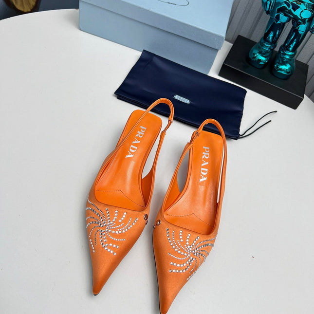 PRADA 26S POINTED TOE SLINGBACK 40MM IN ORANGE SATIN CRYSTAL EMBELLISHED