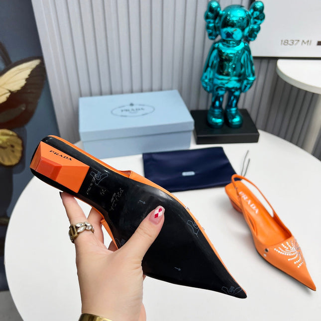 PRADA 26S POINTED TOE SLINGBACK 40MM IN ORANGE SATIN CRYSTAL EMBELLISHED