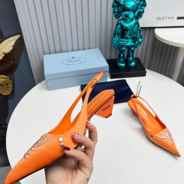 PRADA 26S POINTED TOE SLINGBACK 40MM IN ORANGE SATIN CRYSTAL EMBELLISHED