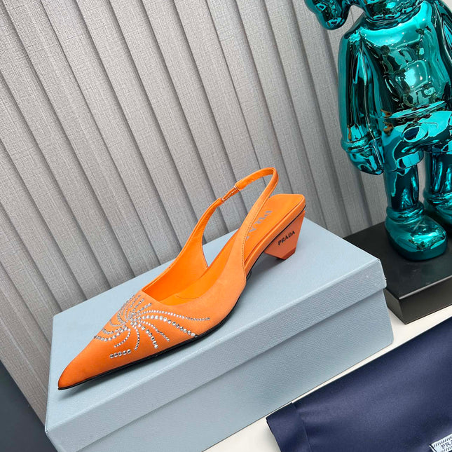 PRADA 26S POINTED TOE SLINGBACK 40MM IN ORANGE SATIN CRYSTAL EMBELLISHED