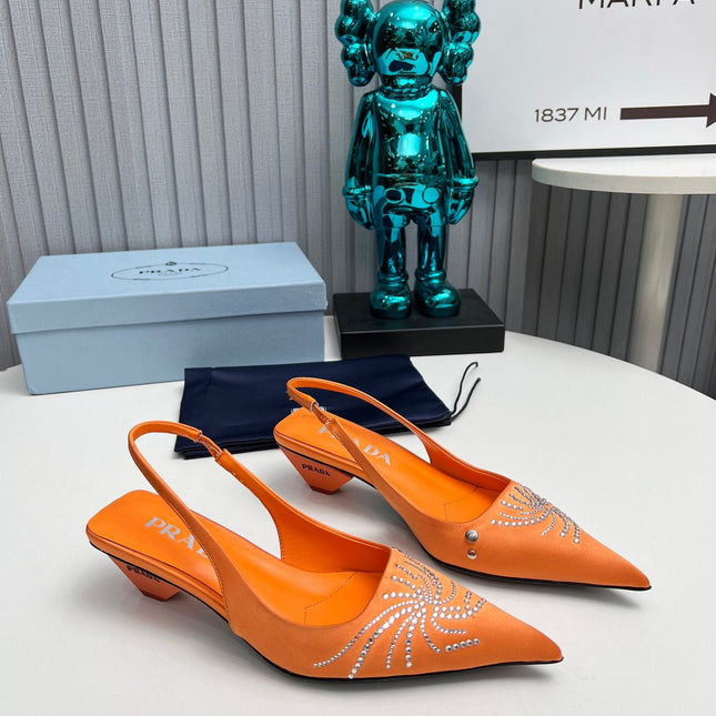 PRADA 26S POINTED TOE SLINGBACK 40MM IN ORANGE SATIN CRYSTAL EMBELLISHED