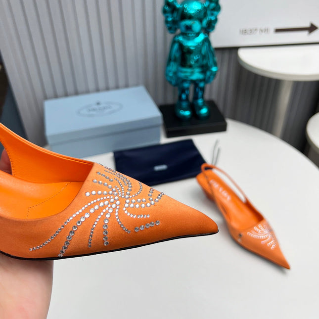 PRADA 26S POINTED TOE SLINGBACK 40MM IN ORANGE SATIN CRYSTAL EMBELLISHED