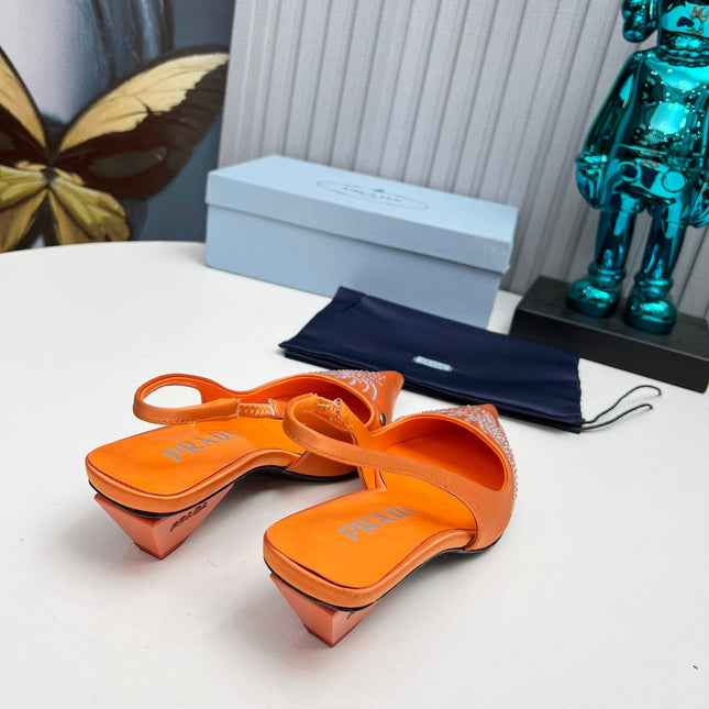 PRADA 26S POINTED TOE SLINGBACK 40MM IN ORANGE SATIN CRYSTAL EMBELLISHED