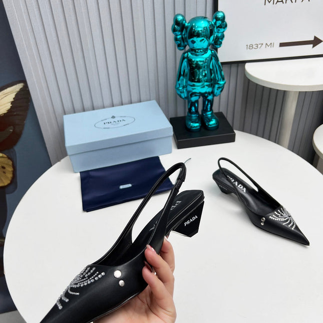 PRADA 26S POINTED TOE SLINGBACK 40MM IN BLACK CALFSKIN CRYSTAL EMBELLISHED
