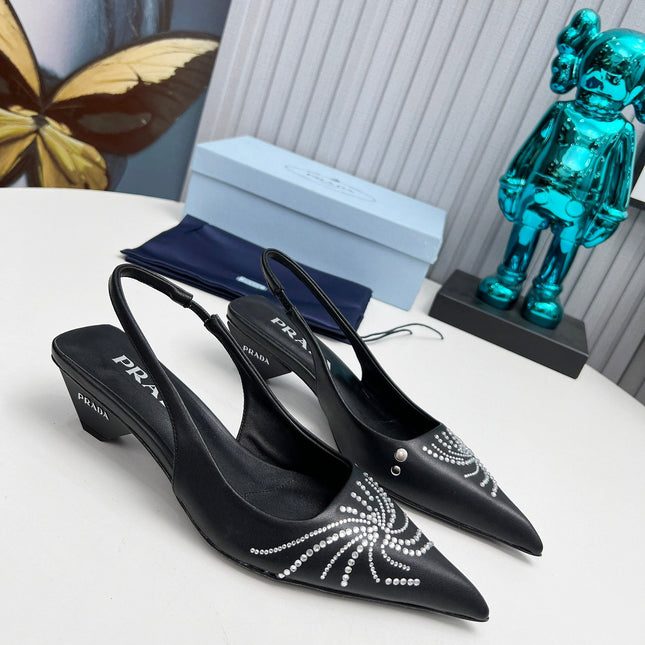 PRADA 26S POINTED TOE SLINGBACK 40MM IN BLACK CALFSKIN CRYSTAL EMBELLISHED