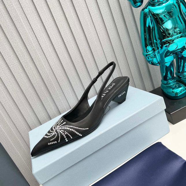PRADA 26S POINTED TOE SLINGBACK 40MM IN BLACK CALFSKIN CRYSTAL EMBELLISHED