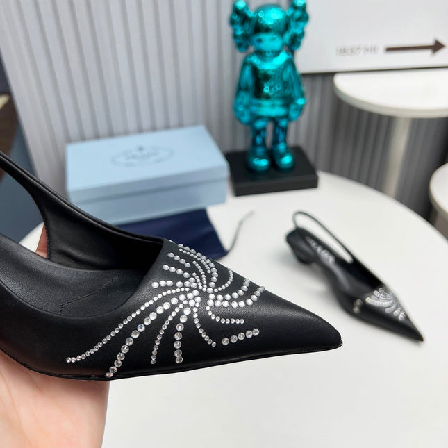 PRADA 26S POINTED TOE SLINGBACK 40MM IN BLACK CALFSKIN CRYSTAL EMBELLISHED