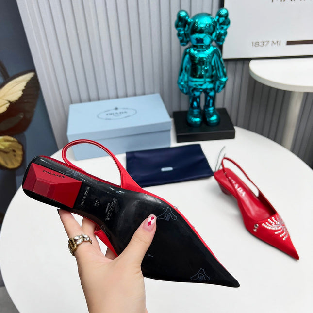 PRADA 26S POINTED TOE SLINGBACK 40MM IN DARK RED SATIN CRYSTAL EMBELLISHED