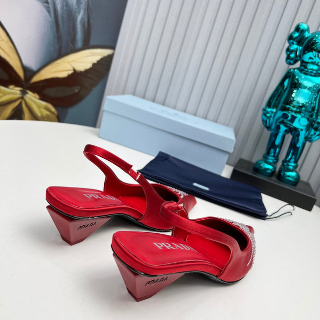PRADA 26S POINTED TOE SLINGBACK 40MM IN DARK RED SATIN CRYSTAL EMBELLISHED