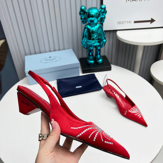 PRADA 26S POINTED TOE SLINGBACK 40MM IN DARK RED SATIN CRYSTAL EMBELLISHED