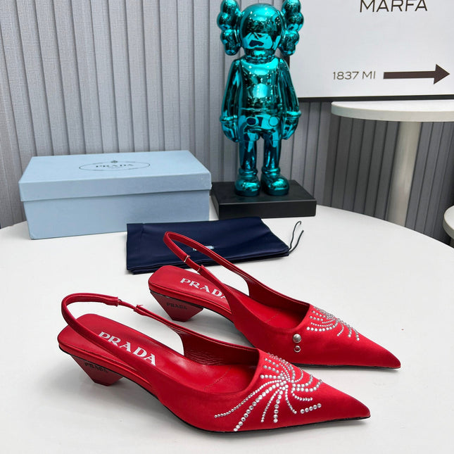 PRADA 26S POINTED TOE SLINGBACK 40MM IN DARK RED SATIN CRYSTAL EMBELLISHED