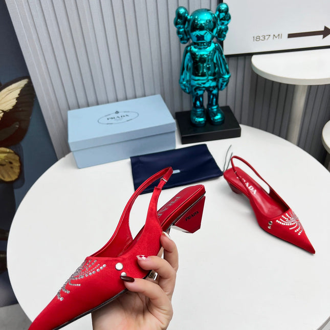 PRADA 26S POINTED TOE SLINGBACK 40MM IN DARK RED SATIN CRYSTAL EMBELLISHED