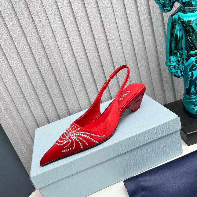 PRADA 26S POINTED TOE SLINGBACK 40MM IN DARK RED SATIN CRYSTAL EMBELLISHED