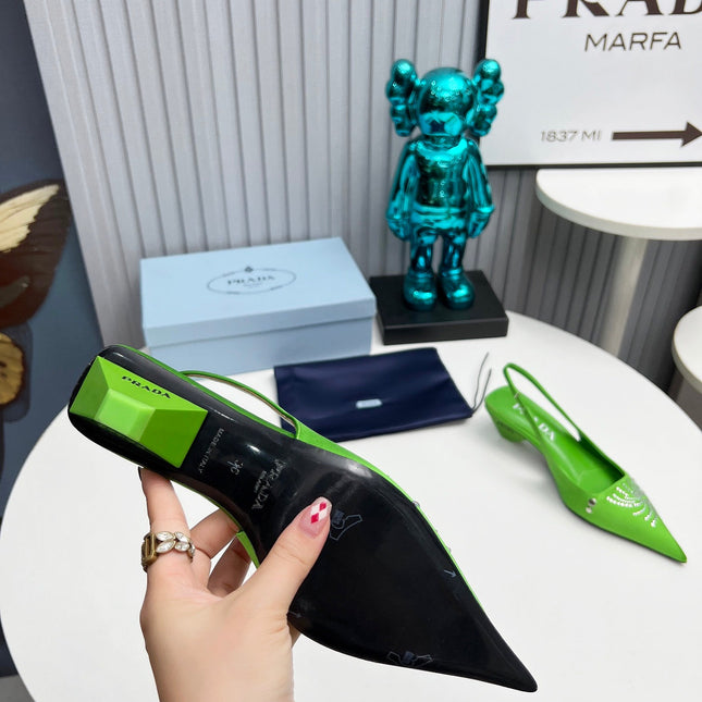PRADA 26S POINTED TOE SLINGBACK 40MM IN APPLE GREEN SATIN CRYSTAL EMBELLISHED