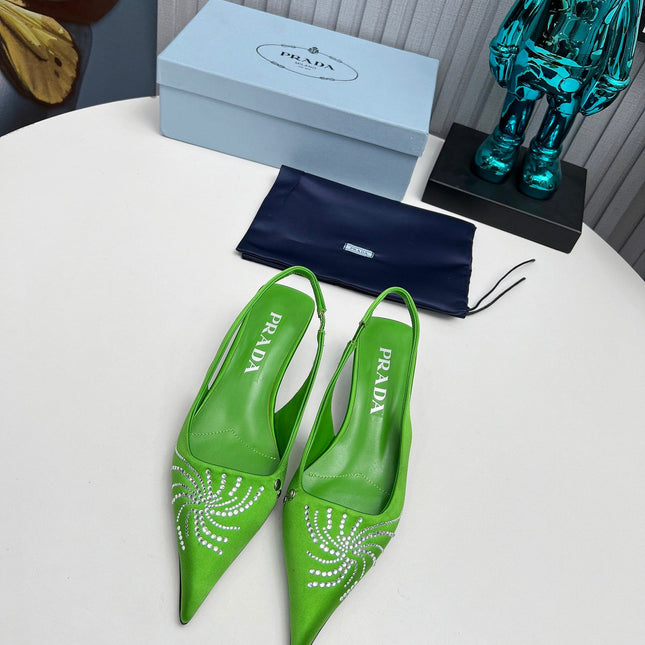 PRADA 26S POINTED TOE SLINGBACK 40MM IN APPLE GREEN SATIN CRYSTAL EMBELLISHED