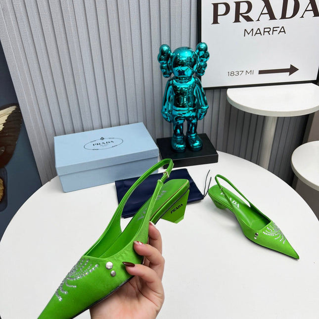 PRADA 26S POINTED TOE SLINGBACK 40MM IN APPLE GREEN SATIN CRYSTAL EMBELLISHED