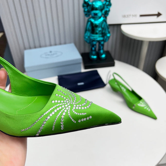 PRADA 26S POINTED TOE SLINGBACK 40MM IN APPLE GREEN SATIN CRYSTAL EMBELLISHED