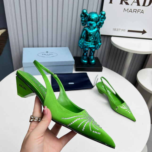 PRADA 26S POINTED TOE SLINGBACK 40MM IN APPLE GREEN SATIN CRYSTAL EMBELLISHED