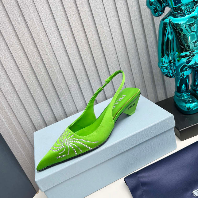 PRADA 26S POINTED TOE SLINGBACK 40MM IN APPLE GREEN SATIN CRYSTAL EMBELLISHED