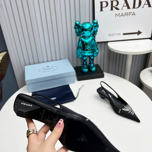 PRADA 26S POINTED TOE SLINGBACK 40MM IN BLACK SATIN CRYSTAL EMBELLISHED