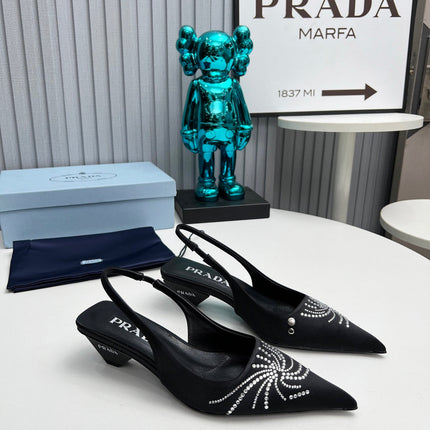 PRADA 26S POINTED TOE SLINGBACK 40MM IN BLACK SATIN CRYSTAL EMBELLISHED