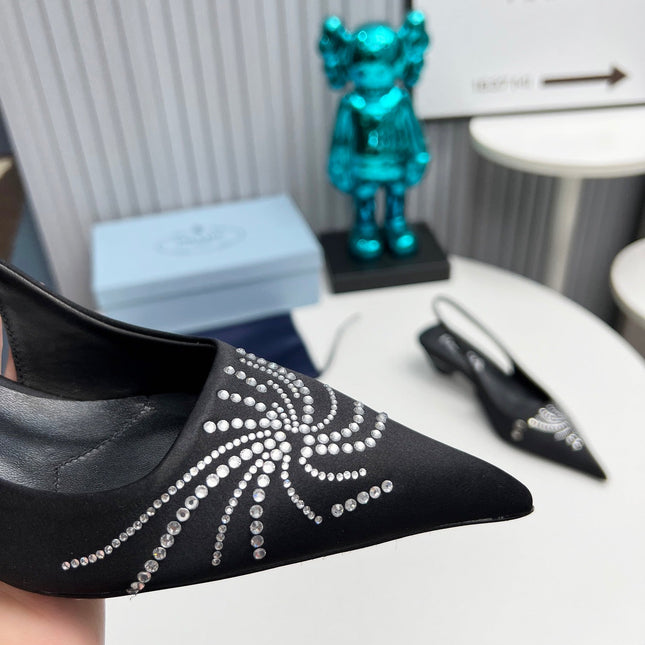 PRADA 26S POINTED TOE SLINGBACK 40MM IN BLACK SATIN CRYSTAL EMBELLISHED