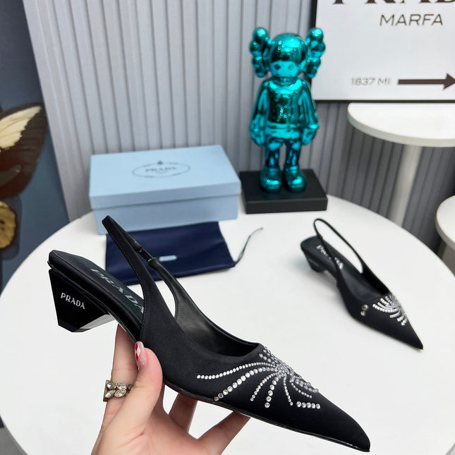 PRADA 26S POINTED TOE SLINGBACK 40MM IN BLACK SATIN CRYSTAL EMBELLISHED