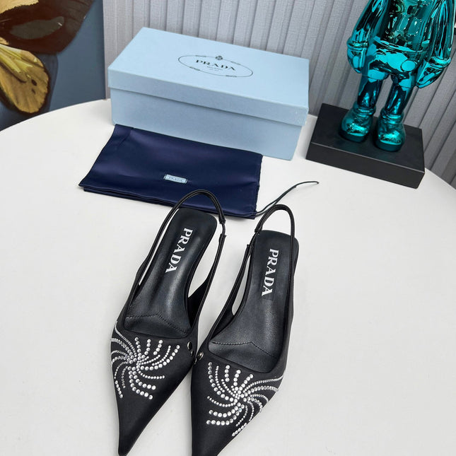 PRADA 26S POINTED TOE SLINGBACK 40MM IN BLACK SATIN CRYSTAL EMBELLISHED